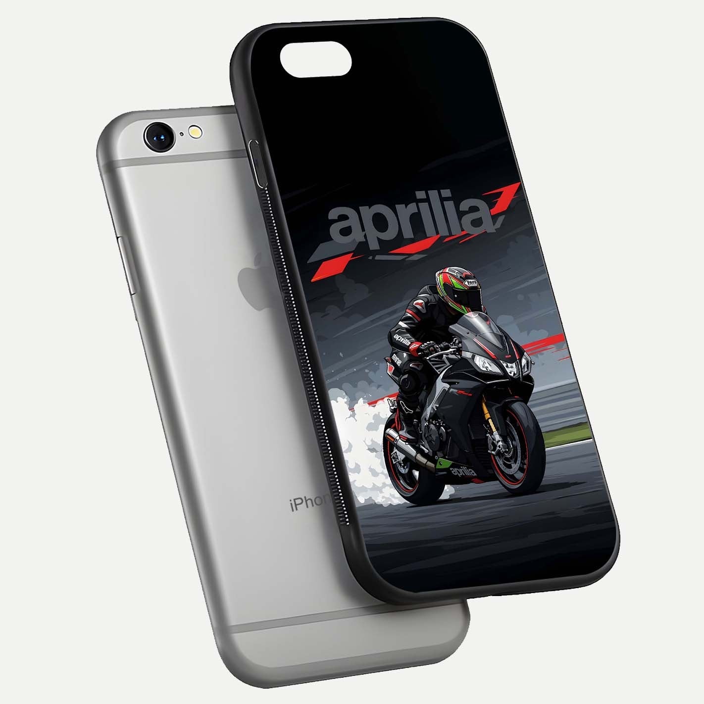 Dark Aprilla Glass Case for iPhone 16 Pro floating mockup showing glossy contrast and texture clarity
