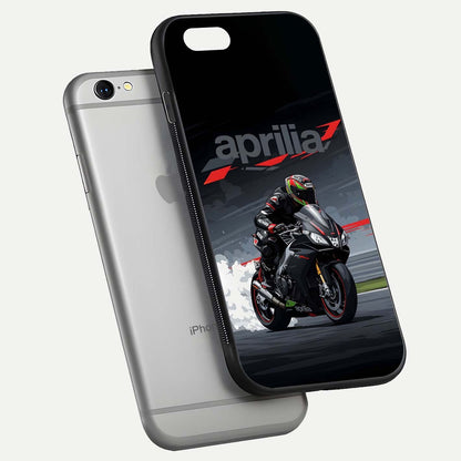 Dark Aprilla Glass Case for iPhone 16 Pro floating mockup showing glossy contrast and texture clarity