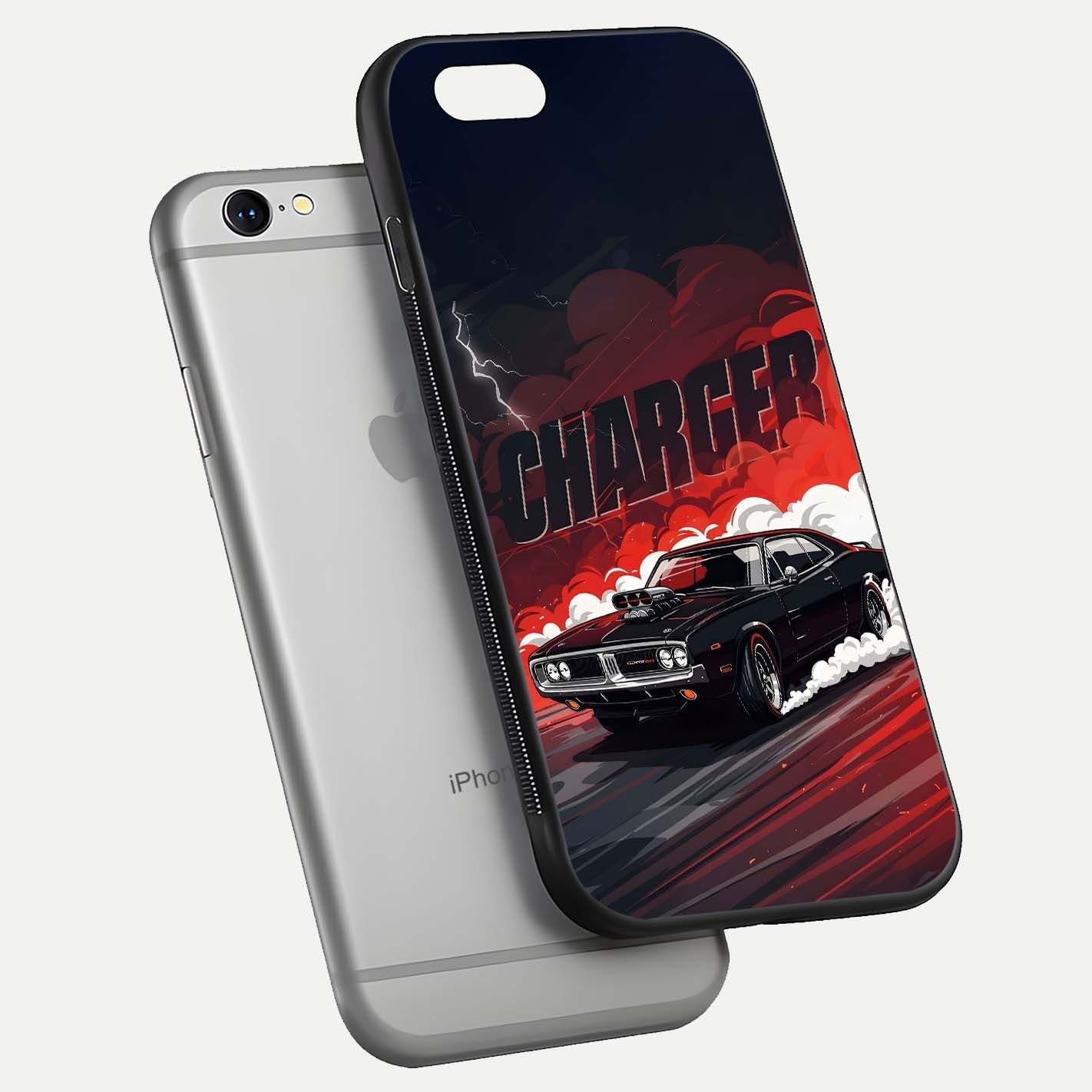 Dark Charger Fury Glass Case for iPhone 16 Pro floating mockup showing reflection depth and shiny surface