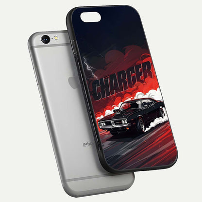Dark Charger Fury Glass Case for iPhone 16 Pro floating mockup showing reflection depth and shiny surface