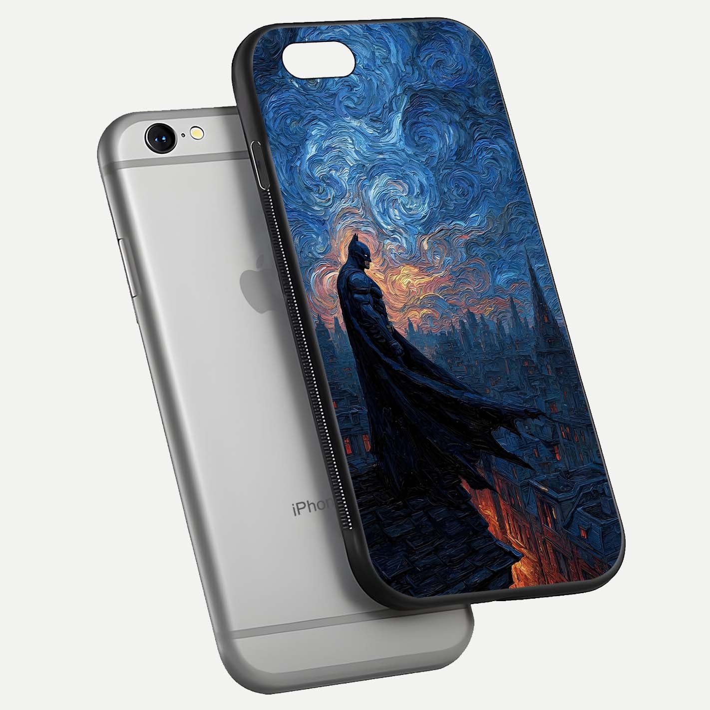 Dark Knight Dusk Glass Case for iPhone 16 Pro floating mockup showing glossy depth and cinematic lighting