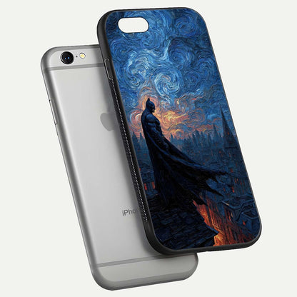 Dark Knight Dusk Glass Case for iPhone 16 Pro floating mockup showing glossy depth and cinematic lighting