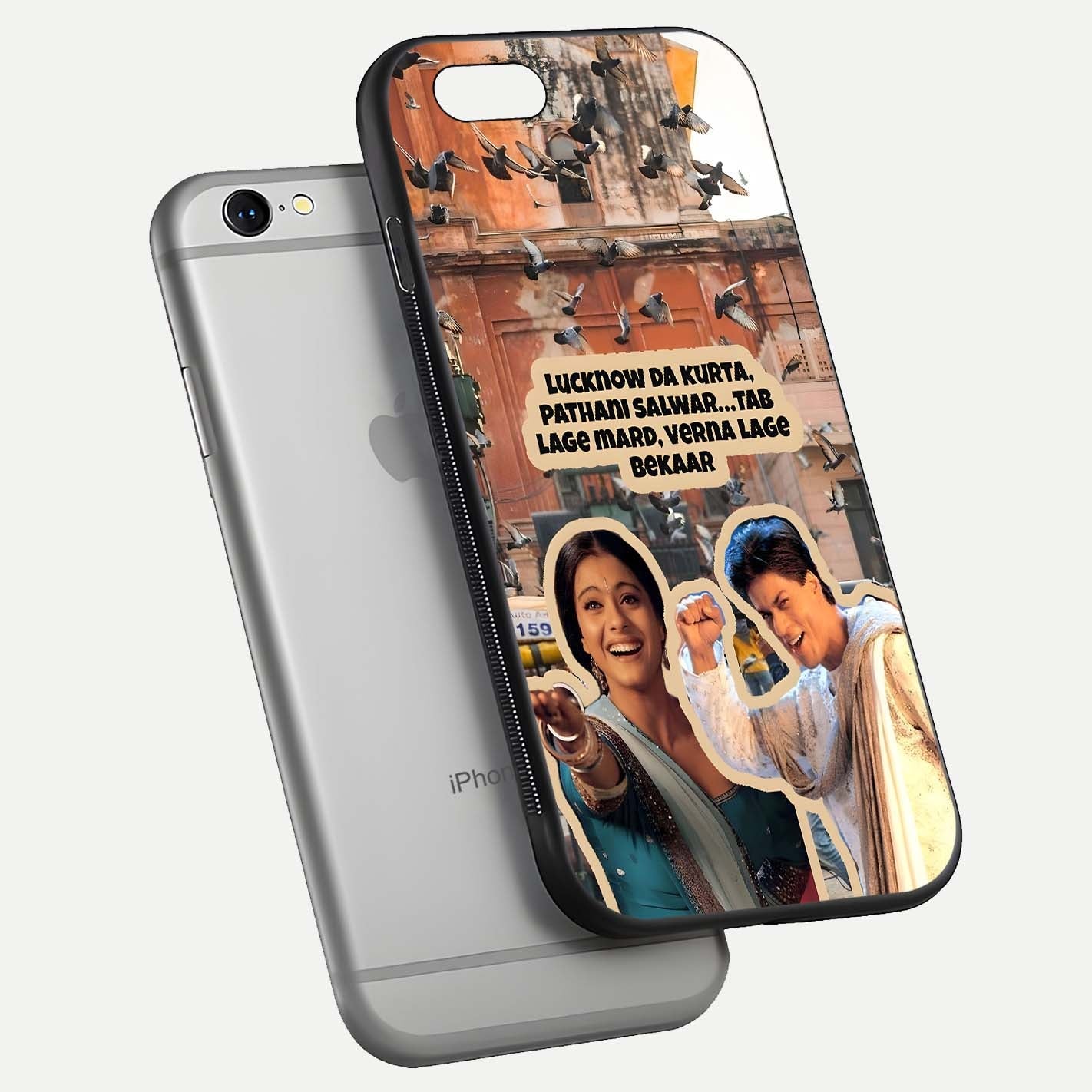 Desi Retro Vibes Glass Case for iPhone 16 Pro floating mockup showing shine polish and vivid tones