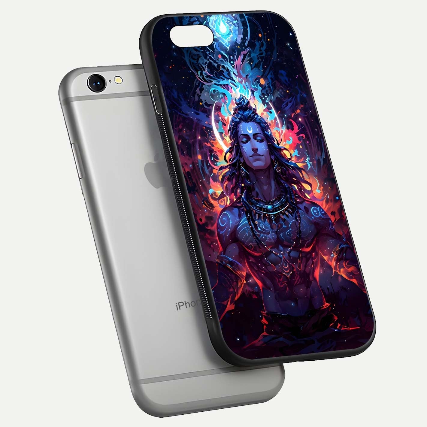 Divine Fire Shiv Glass Case for iPhone 16 Pro floating mockup showing glow texture and gloss finish