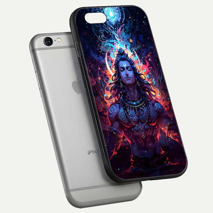 Divine Fire Shiv Glass Case for iPhone 16 Pro floating mockup showing glow texture and gloss finish