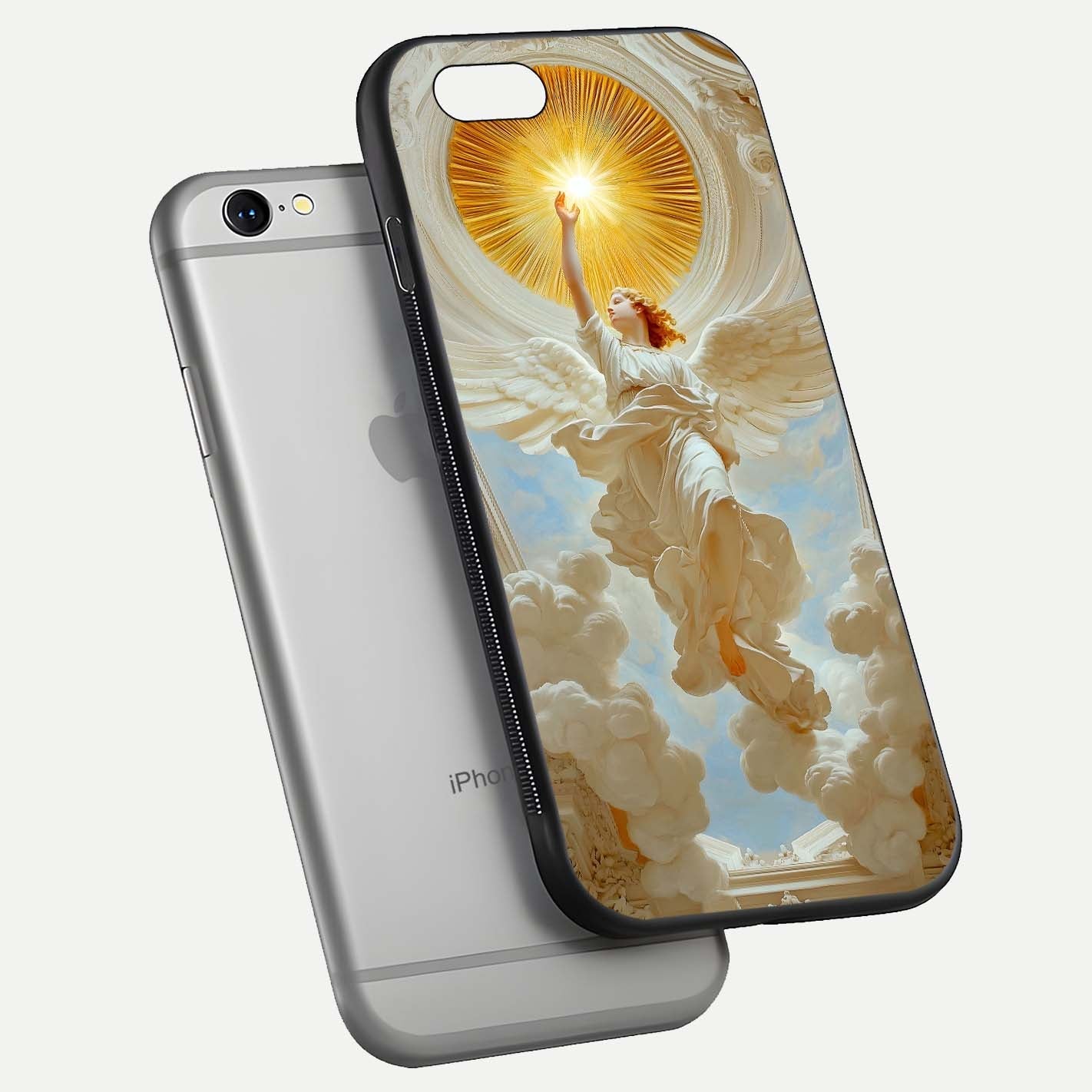 Divine Light Angel Glass Case for iPhone 16 Pro floating mockup showing gloss texture and radiant light