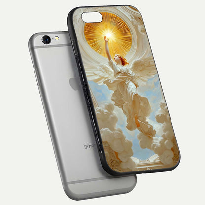 Divine Light Angel Glass Case for iPhone 16 Pro floating mockup showing gloss texture and radiant light