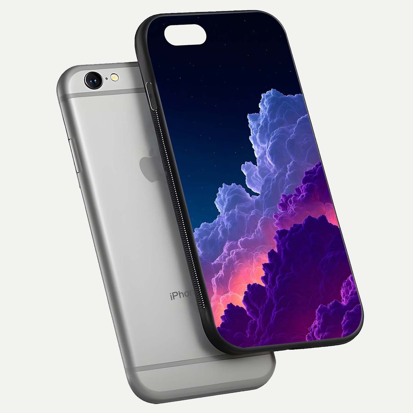 Dreamy Cloud Skies Glass Case for iPhone 16 Pro floating mockup showing glossy depth and delicate tone