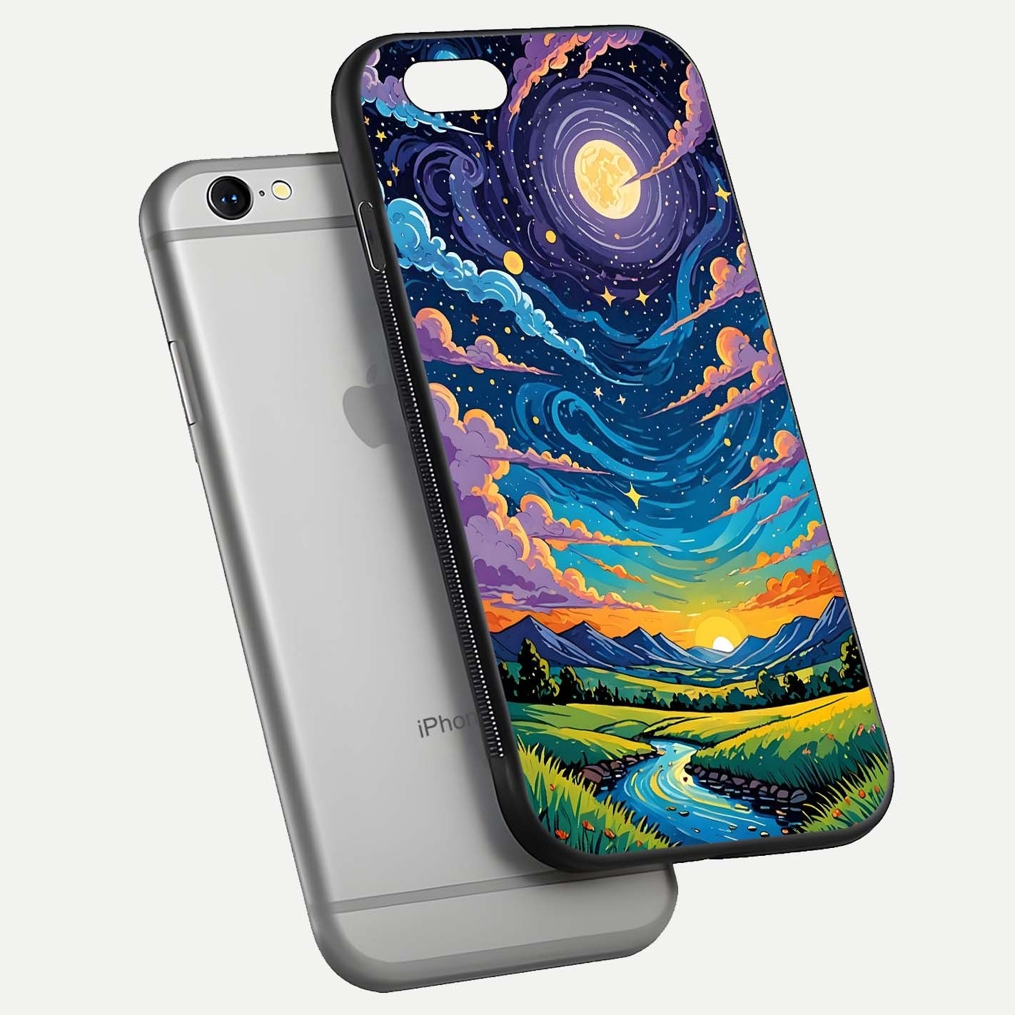 Dreamy Night Landscape Glass Case for iPhone 16 Pro floating mockup showing glossy depth and serene color