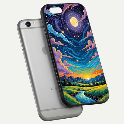 Dreamy Night Landscape Glass Case for iPhone 16 Pro floating mockup showing glossy depth and serene color