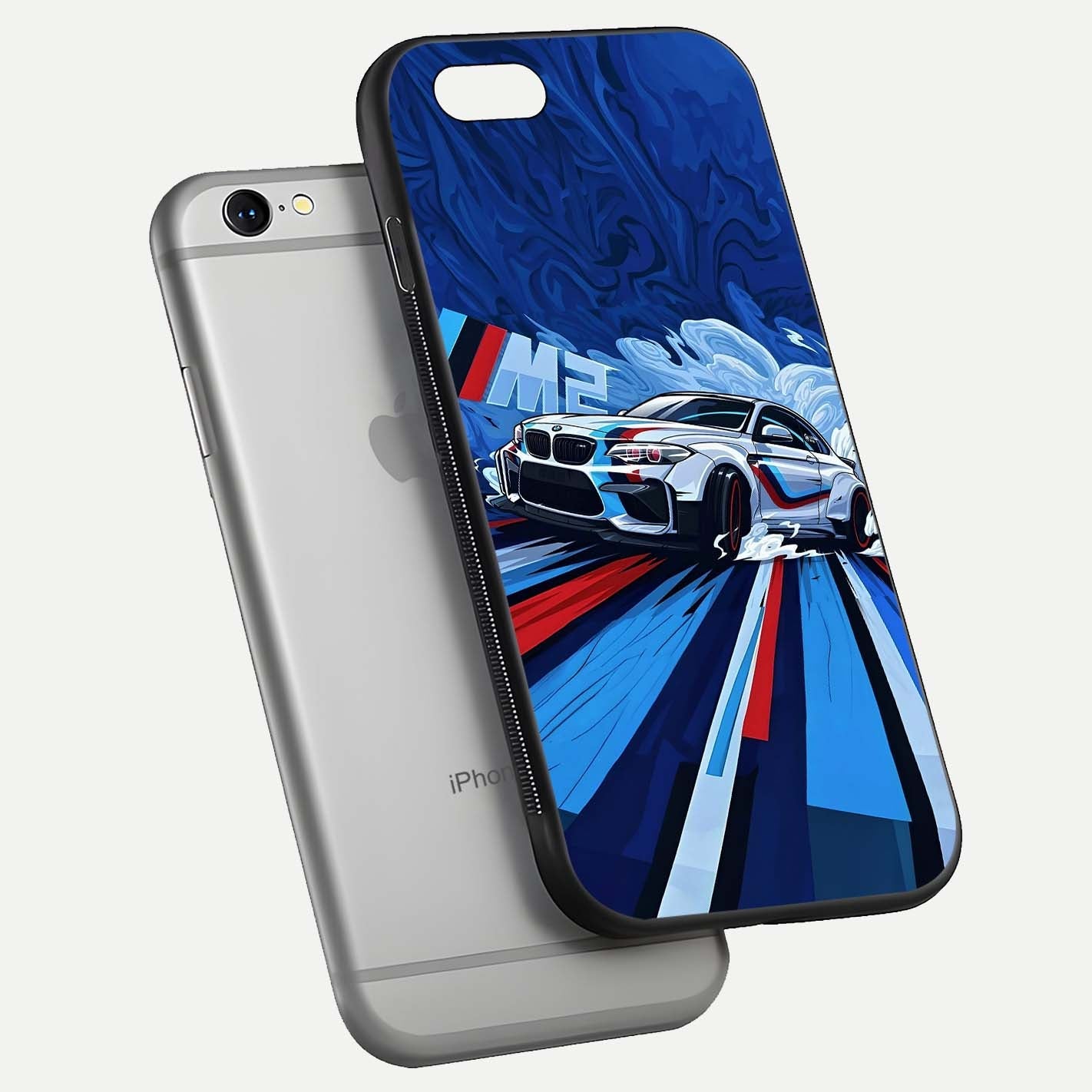 Drift Power Rush Glass Case for iPhone 16 Pro floating mockup showing gloss polish and speed-theme design
