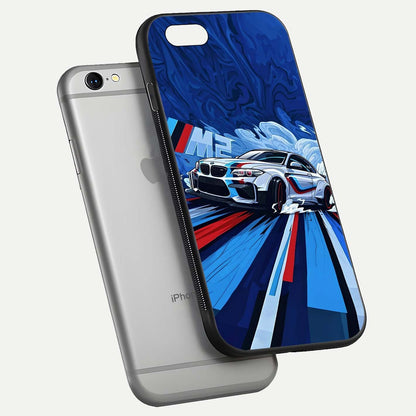 Drift Power Rush Glass Case for iPhone 16 Pro floating mockup showing gloss polish and speed-theme design