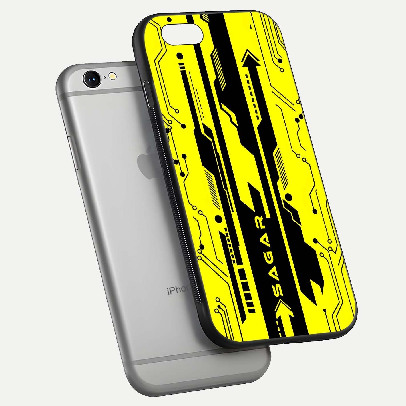 Electric Pulse CYBERPUNK Custom Name Glass Case for iPhone 16 Pro floating mockup showing HD gloss and vibrant cyberpunk glow