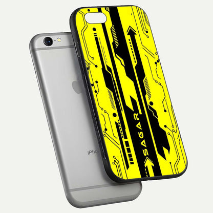 Electric Pulse CYBERPUNK Custom Name Glass Case for iPhone 16 Pro floating mockup showing HD gloss and vibrant cyberpunk glow