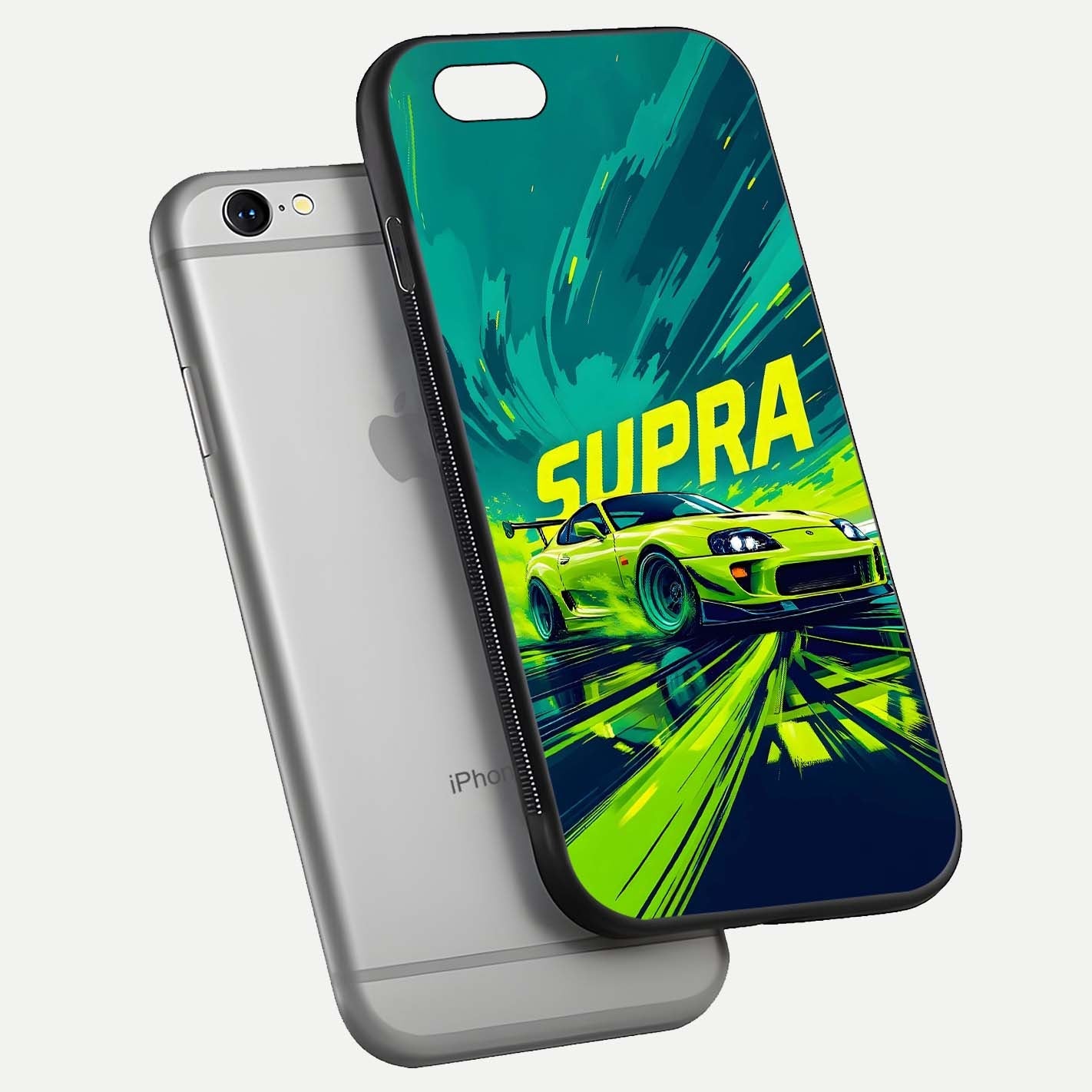 Electric Supra Thunder Glass Case for iPhone 16 Pro floating mockup showing gloss depth and energy glow