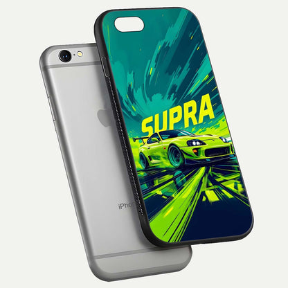 Electric Supra Thunder Glass Case for iPhone 16 Pro floating mockup showing gloss depth and energy glow