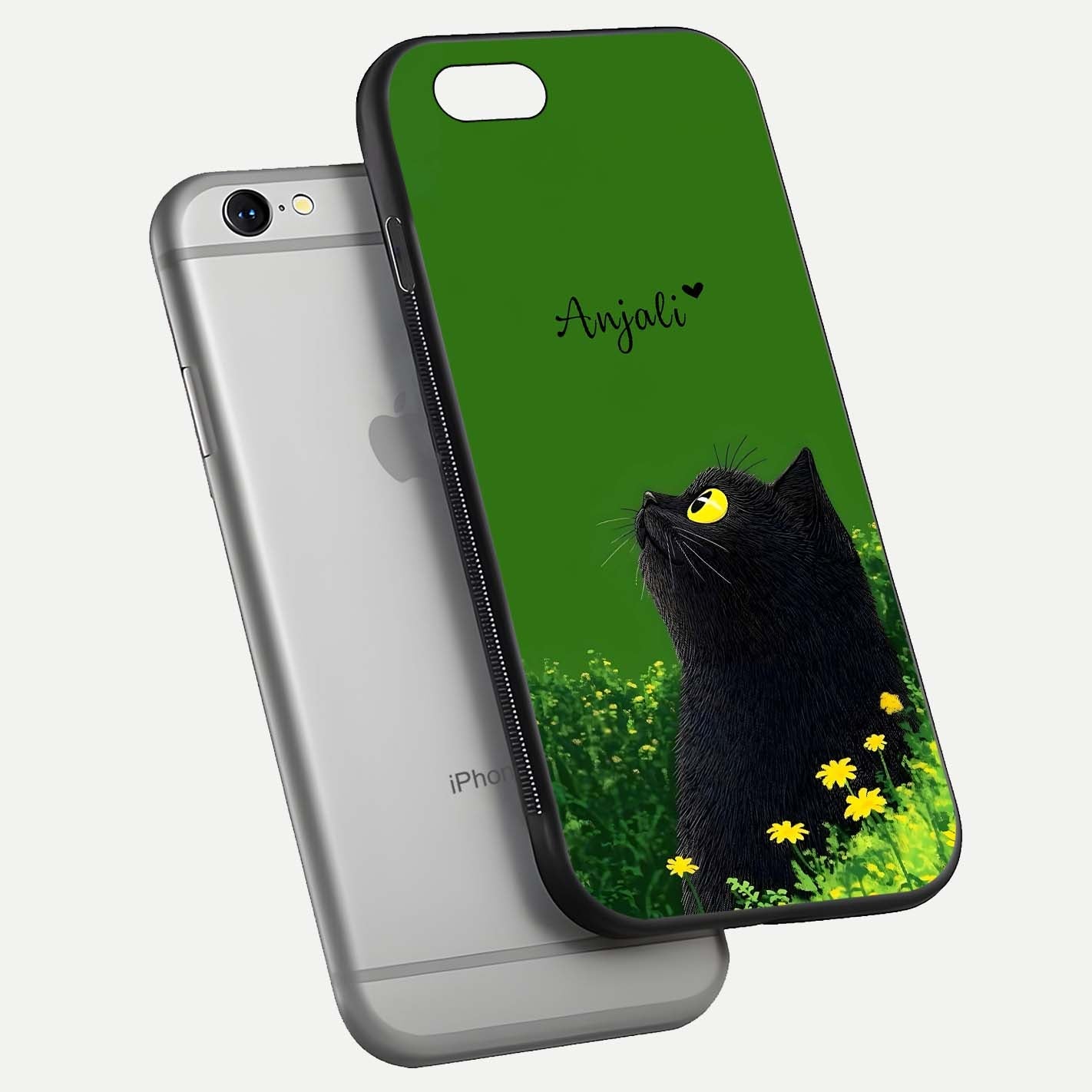 Emerald Cat Custom Name Glass Case for iPhone 16 Pro floating mockup showing HD gloss and soft gradient