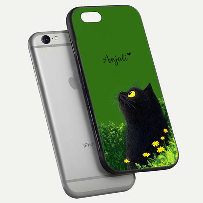 Emerald Cat Custom Name Glass Case for iPhone 16 Pro floating mockup showing HD gloss and soft gradient