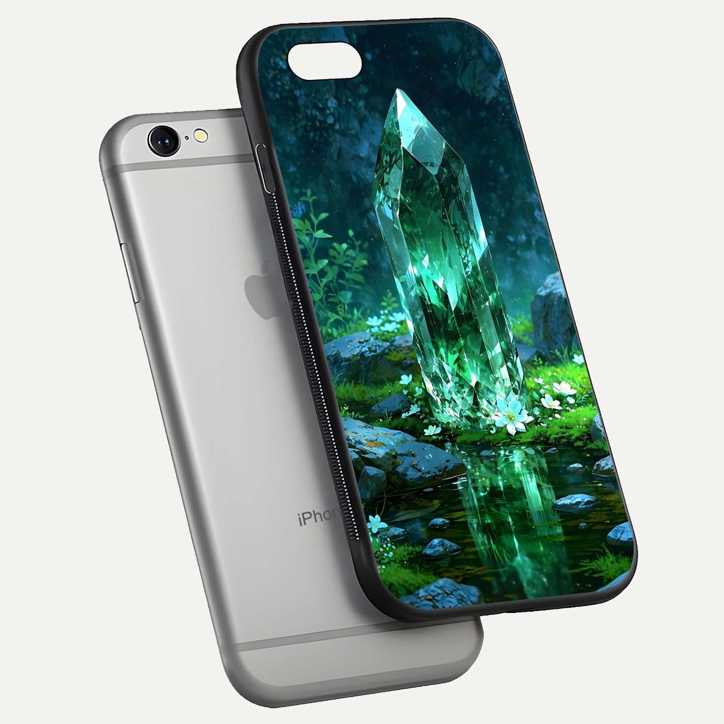 Emerald Light Crystal Glass Case for iPhone 16 Pro floating mockup showing glossy finish and radiant light pattern