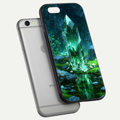 Emerald Light Crystal Glass Case for iPhone 16 Pro floating mockup showing glossy finish and radiant light pattern