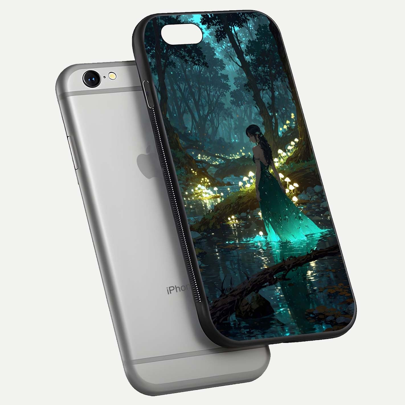 Enchanted Forest Glow Glass Case for iPhone 16 Pro floating mockup showing gloss polish and fantasy vibe
