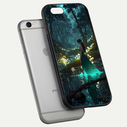 Enchanted Forest Glow Glass Case for iPhone 16 Pro floating mockup showing gloss polish and fantasy vibe