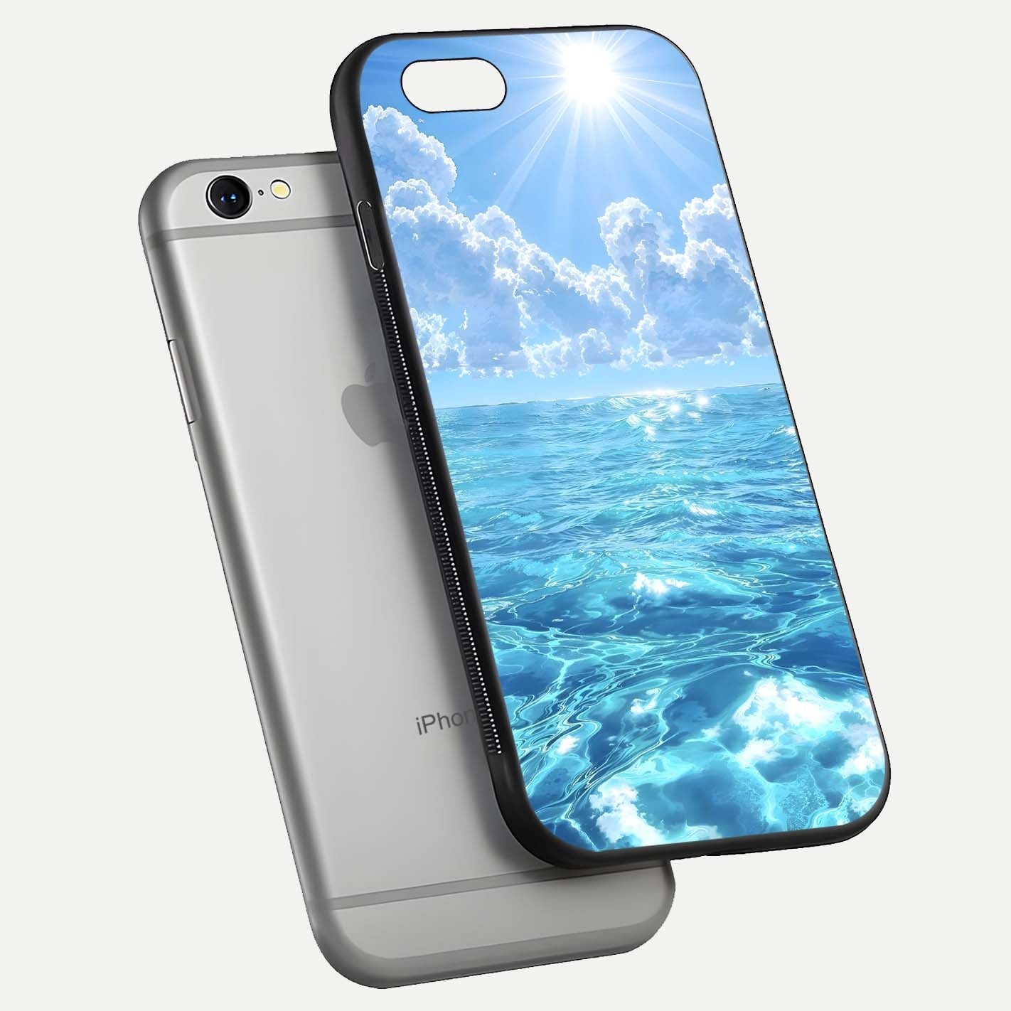 Endless Ocean Horizon Glass Case for iPhone 16 Pro floating mockup showing HD gloss and tranquil color