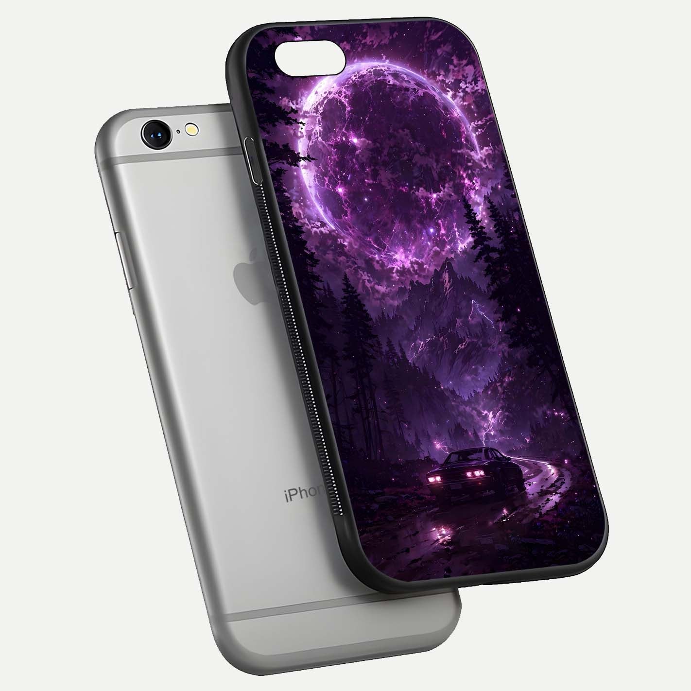 Eternal Cosmic Drive Glass Case for iPhone 16 Pro floating mockup showing glossy polish and vivid glow