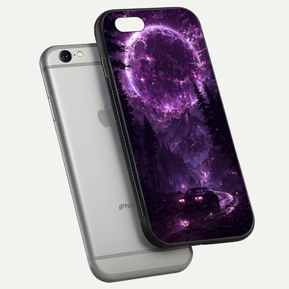 Eternal Cosmic Drive Glass Case for iPhone 16 Pro floating mockup showing glossy polish and vivid glow
