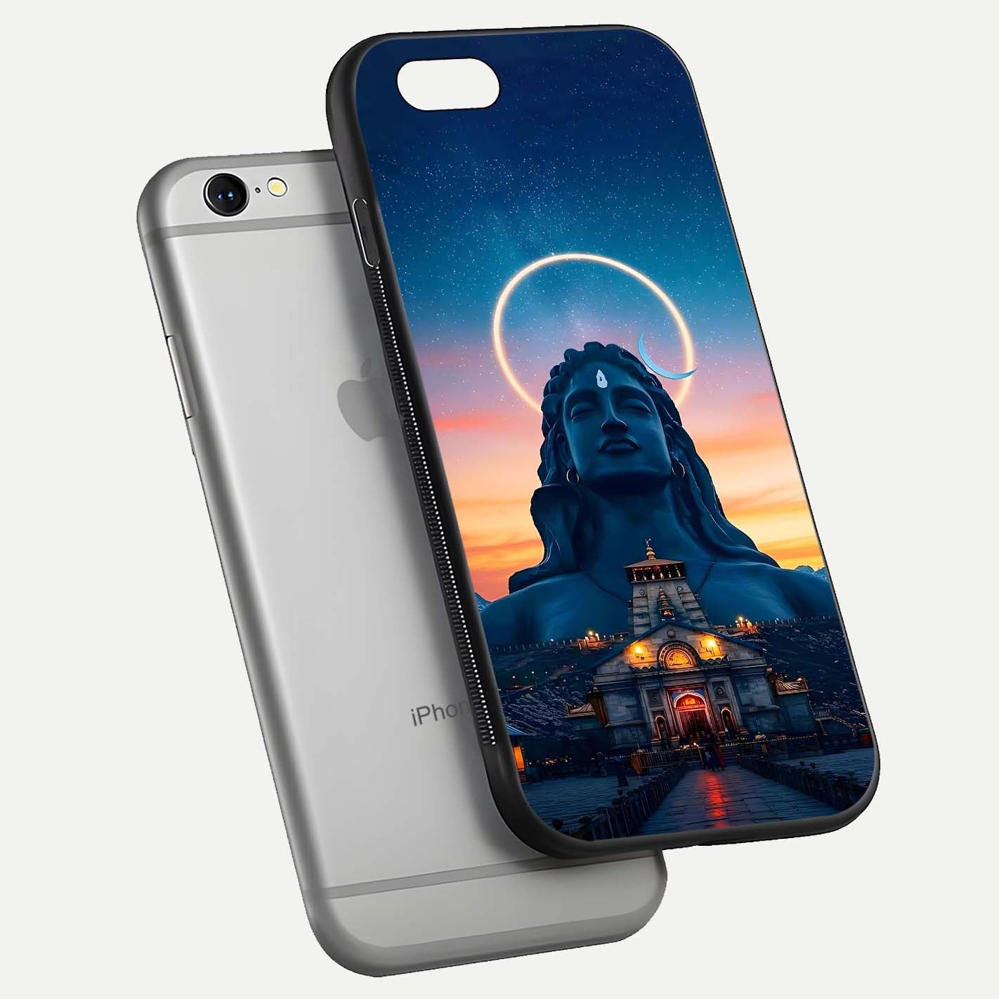 Eternal Shiva Aura Glass Case for iPhone 16 Pro floating mockup showing gloss texture and spiritual glow