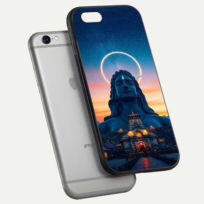 Eternal Shiva Aura Glass Case for iPhone 16 Pro floating mockup showing gloss texture and spiritual glow