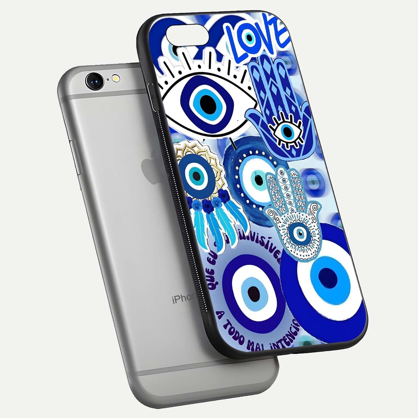 Evil Eyes Dream Glass Case for iPhone 16 Pro floating mockup showing glossy shine and elegant pattern clarity