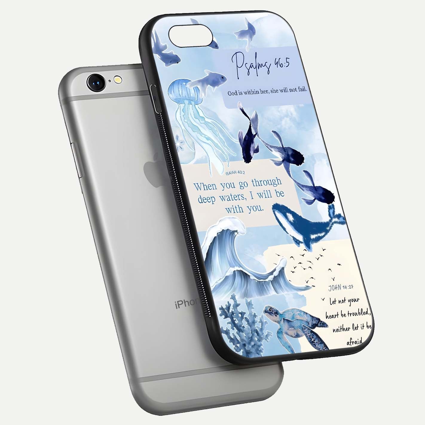 Faithful Ocean Promise Glass Case for iPhone 16 Pro floating mockup displaying glossy surface and vivid depth