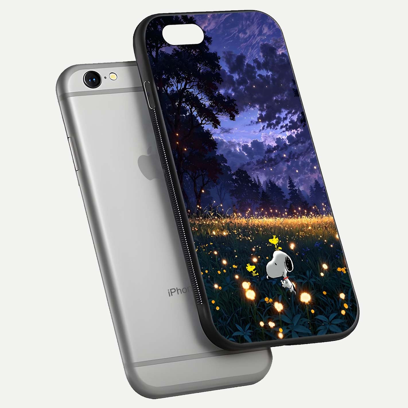 Firefly Meadow Magic Glass Case for iPhone 16 Pro floating mockup showing gloss polish and magical night hues