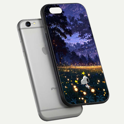 Firefly Meadow Magic Glass Case for iPhone 16 Pro floating mockup showing gloss polish and magical night hues
