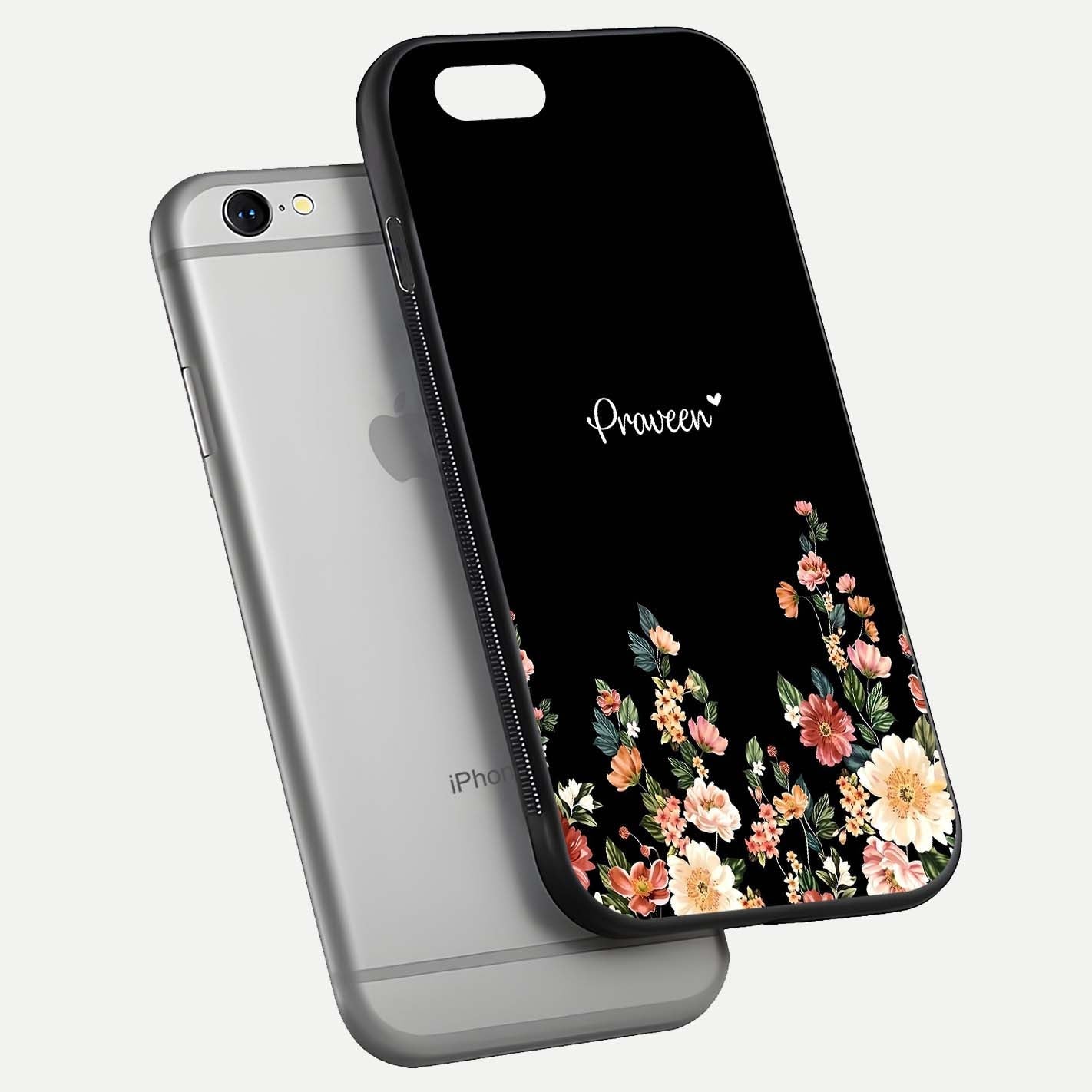Floral Design Personalized Custom Name Glass Case for iPhone 16 Pro floating mockup showing reflection polish and vivid colors