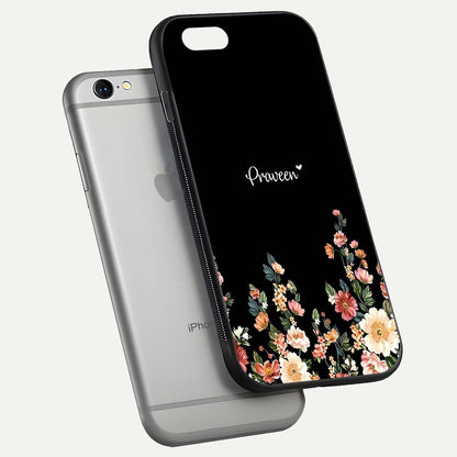 Floral Design Personalized Custom Name Glass Case for iPhone 16 Pro floating mockup showing reflection polish and vivid colors