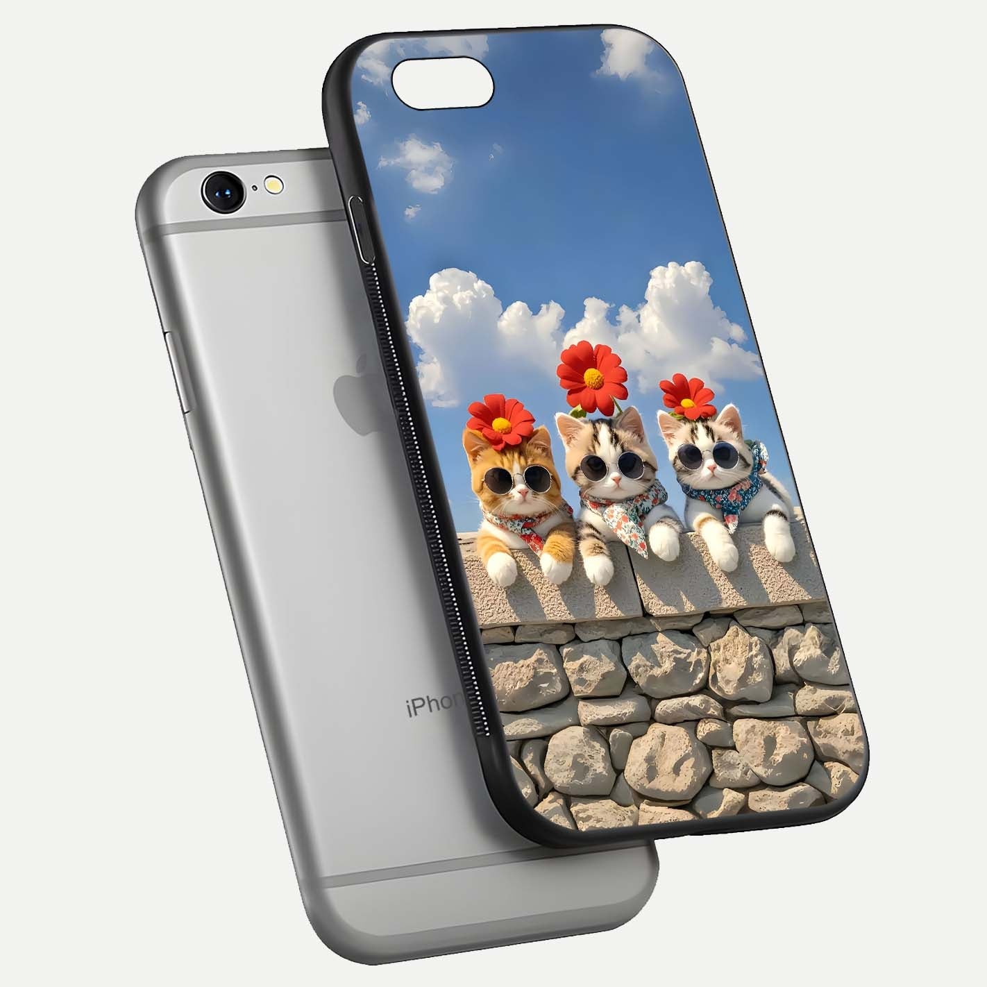 Floral Kitty Squad Glass Case for iPhone 16 Pro floating mockup showing gloss texture and playful charm