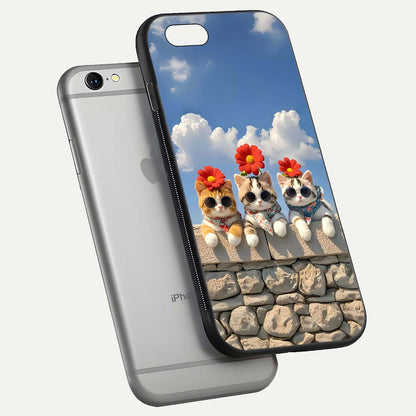 Floral Kitty Squad Glass Case for iPhone 16 Pro floating mockup showing gloss texture and playful charm