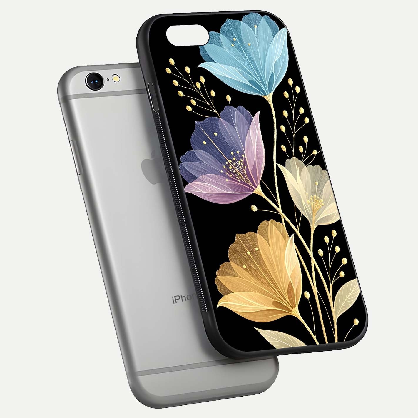 Flower Bloom Glow Glass Case for iPhone 16 Pro floating mockup showing HD shine and artistic detail