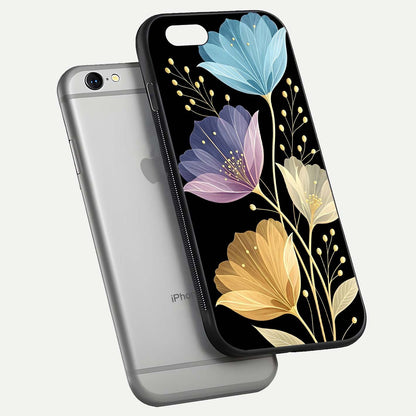 Flower Bloom Glow Glass Case for iPhone 16 Pro floating mockup showing HD shine and artistic detail