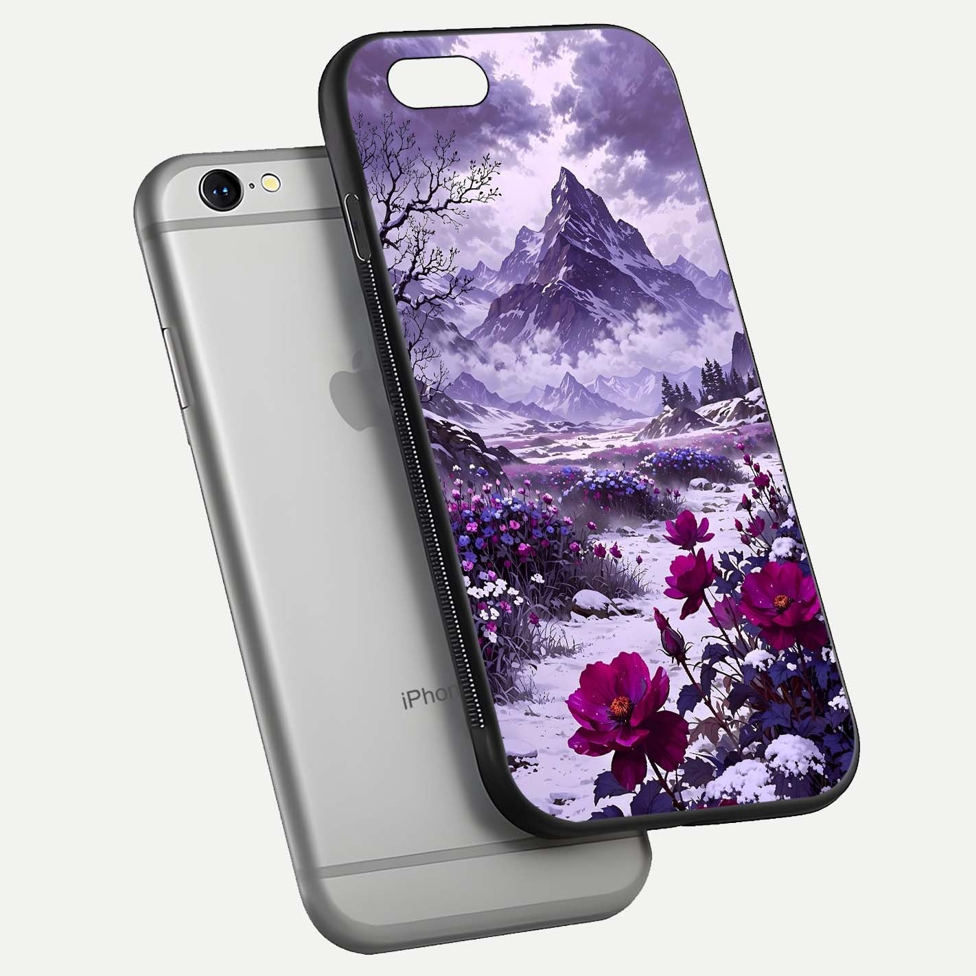 Flower Mountain View Glass Case for iPhone 16 Pro floating mockup showing reflection glow and artistic clarity