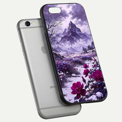 Flower Mountain View Glass Case for iPhone 16 Pro floating mockup showing reflection glow and artistic clarity