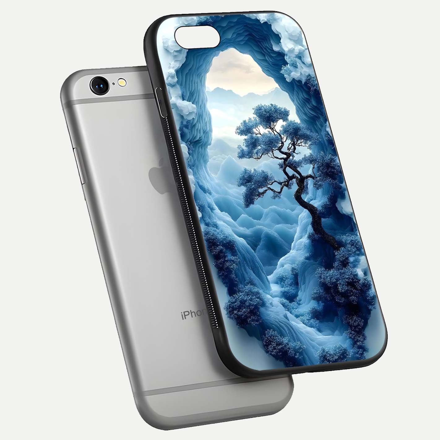 Frozen Serenity Gate Glass Case for iPhone 16 Pro floating mockup showing glossy depth and crystal glow