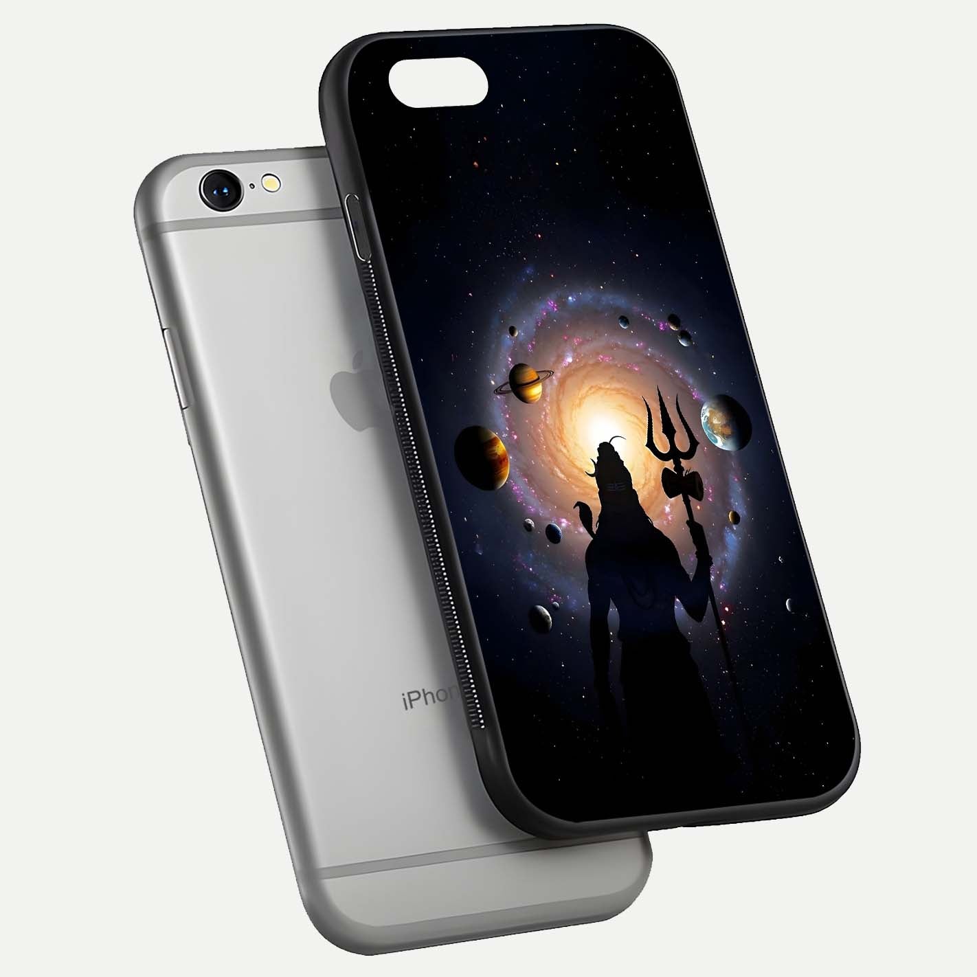 Galactic Shiva Vision Glass Case for iPhone 16 Pro floating dual-view mockup displaying vibrant cosmic colors and smooth gloss texture