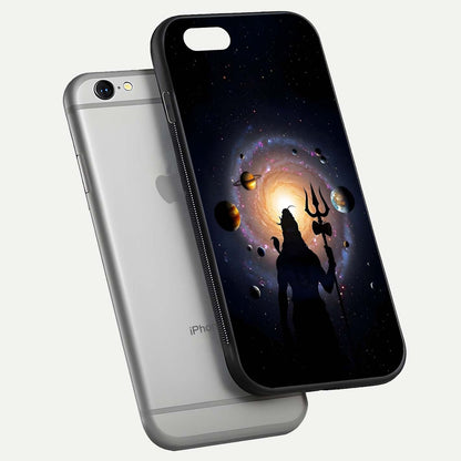 Galactic Shiva Vision Glass Case for iPhone 16 Pro floating dual-view mockup displaying vibrant cosmic colors and smooth gloss texture