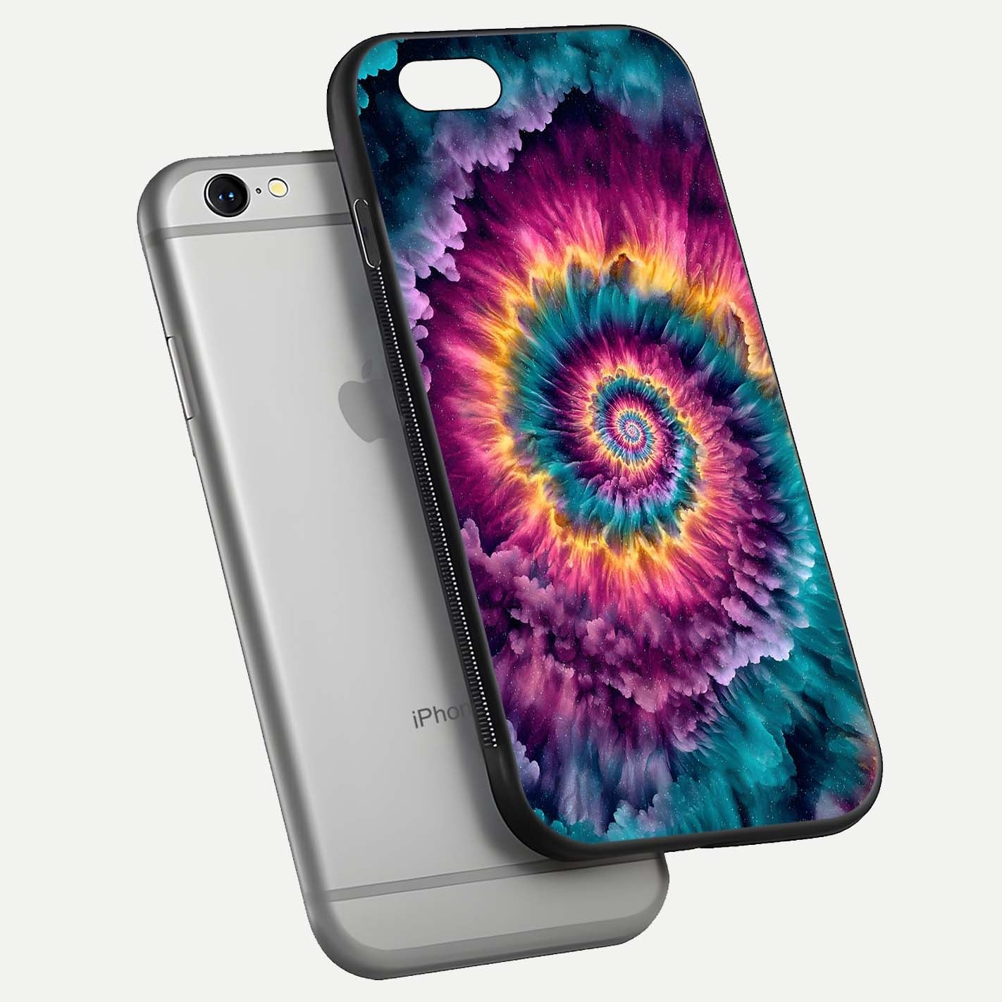 Galactic Spiral Burst Glass Case for iPhone 16 Pro floating dual-view mockup displaying light trails and smooth gloss shine