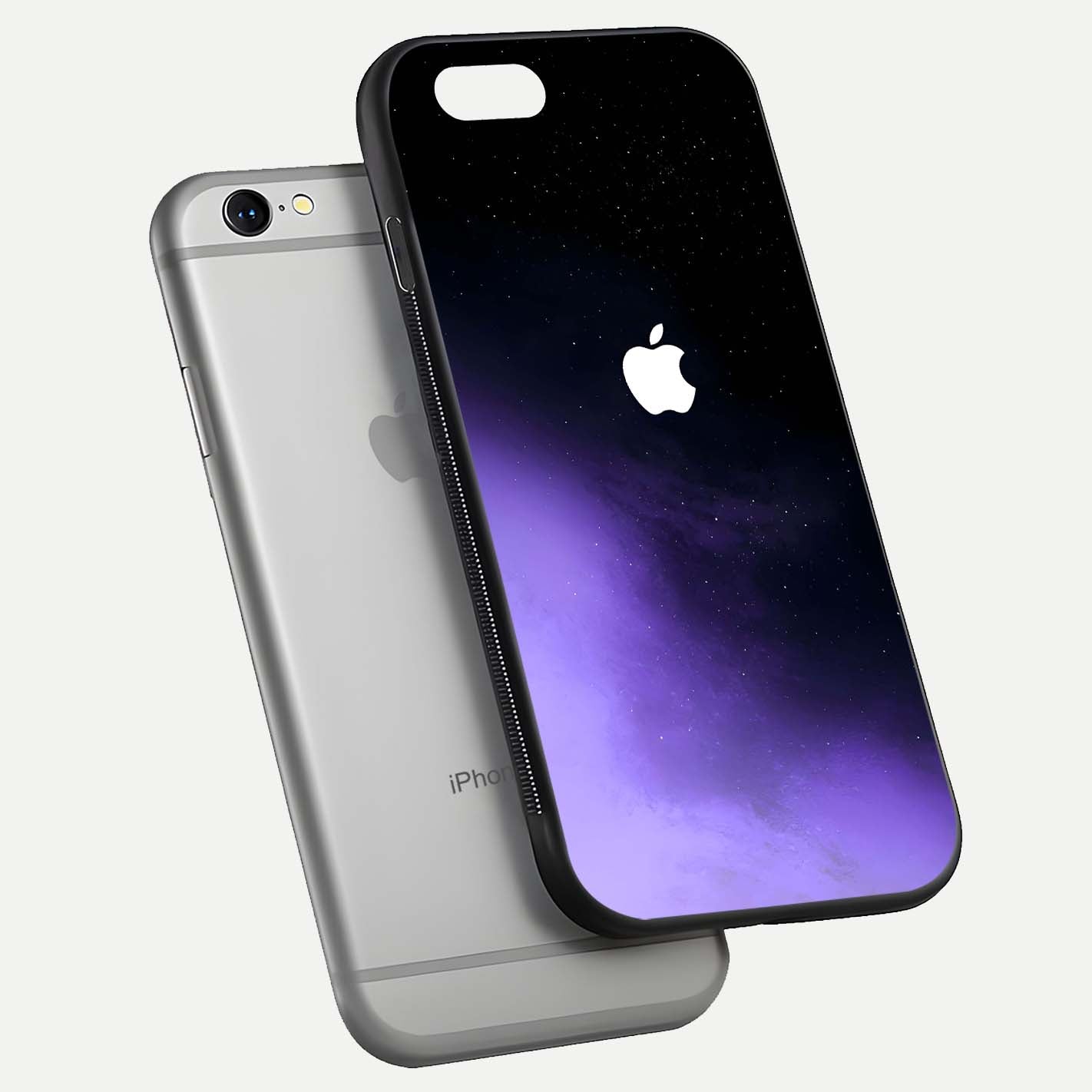 Galaxy Apple Aura Glass Case for iPhone 16 Pro floating dual-view mockup highlighting HD gloss and deep space color blend