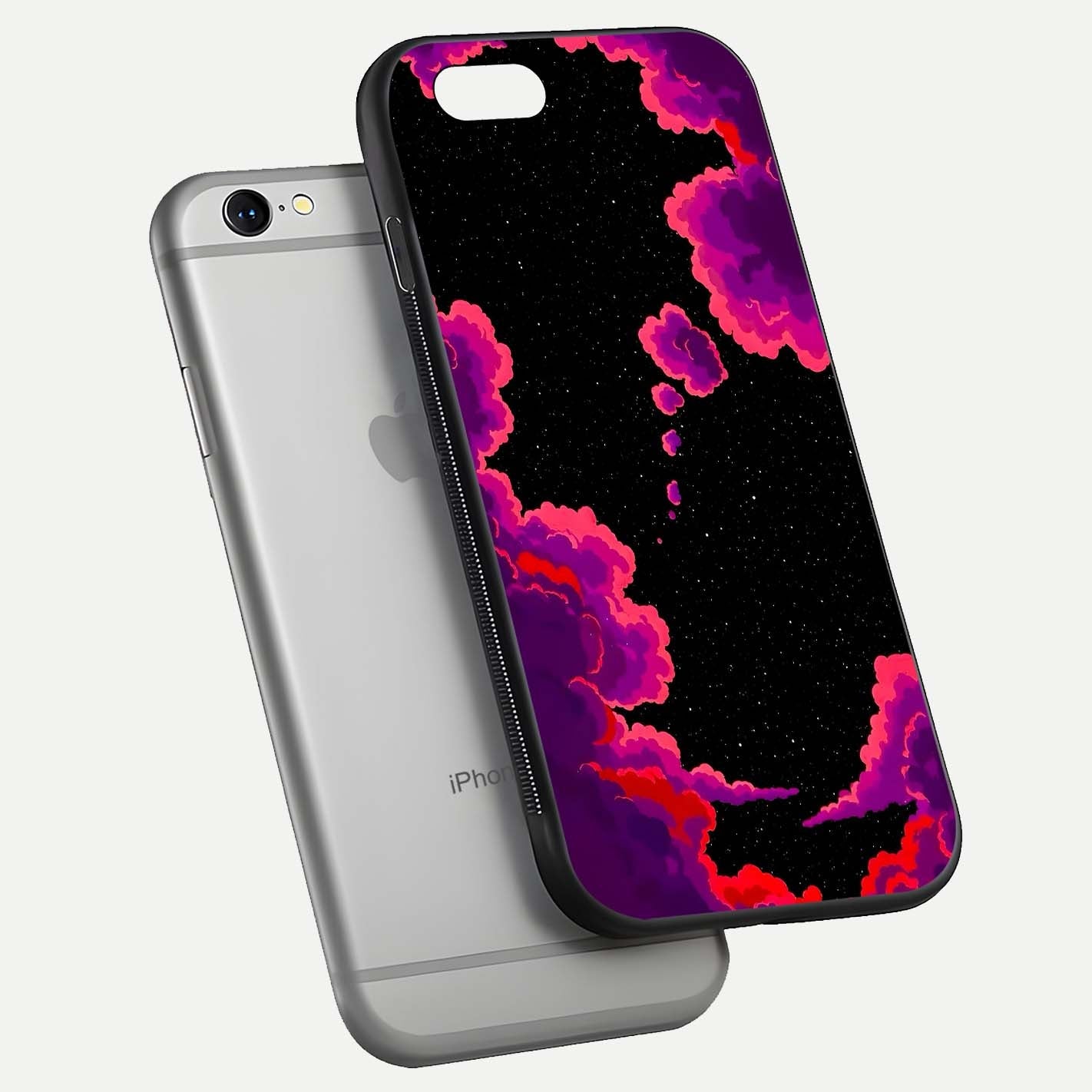 Galaxy Dream Frame Glass Case for iPhone 16 Pro floating dual-view mockup showing vibrant gloss and space-themed tones