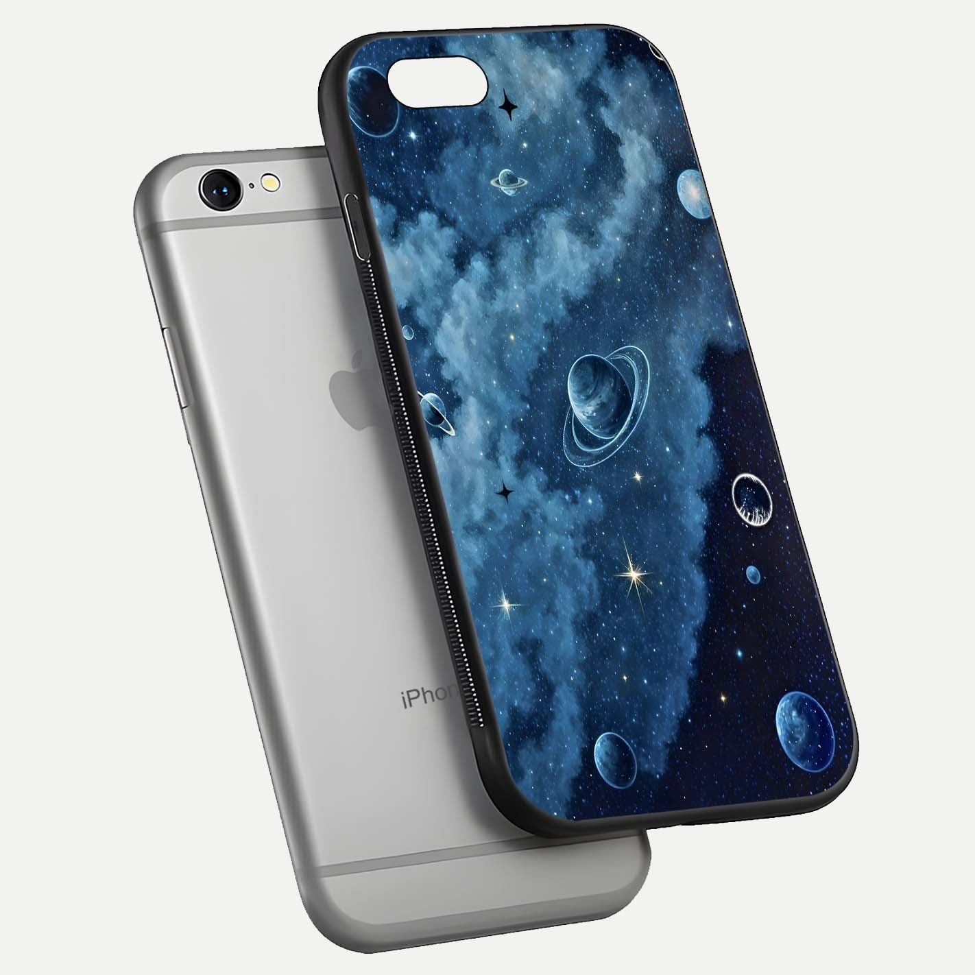 Galaxy Dream Space Glass Case for iPhone 16 Pro floating dual-view mockup showing glossy finish and celestial depth